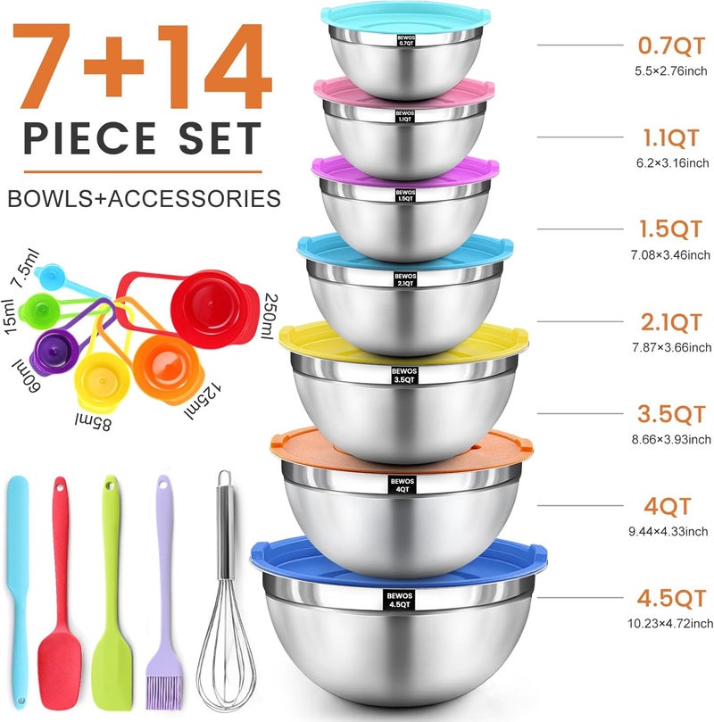 BEWOS 21 Pcs Mixing Bowls with Lids - 7 Stainless Steel Bowls, 3 Graters, 11 Practical Kitchen Accessories, Dishwasher Safe, Ideal for Baking, Meal Prep & On-the-Go, Easy to Store - Image 2